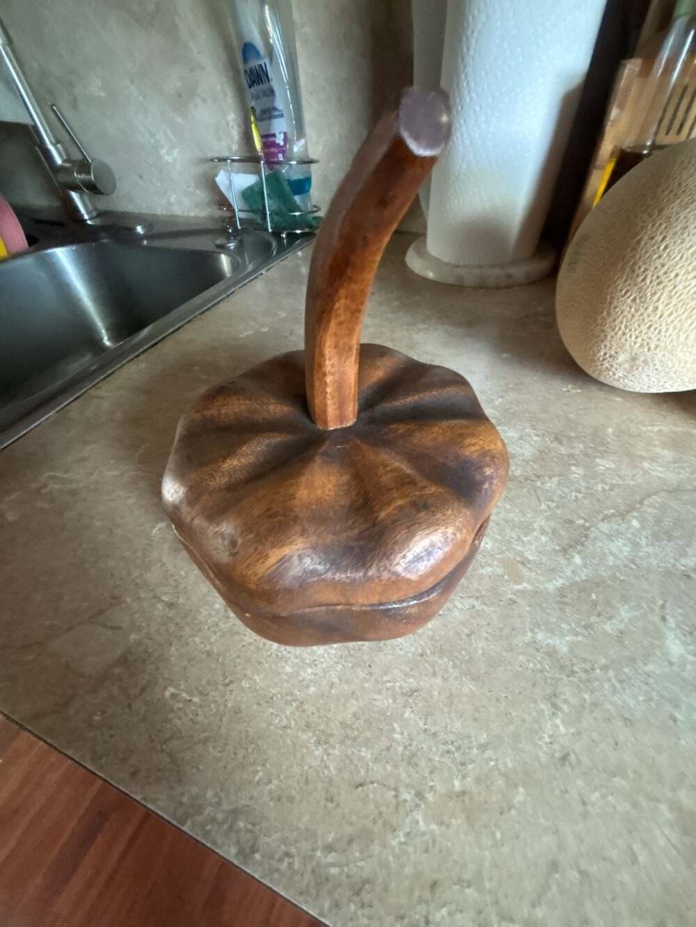 Vintage Hand Carved Wooden Pumpkin Lidded Box Dish